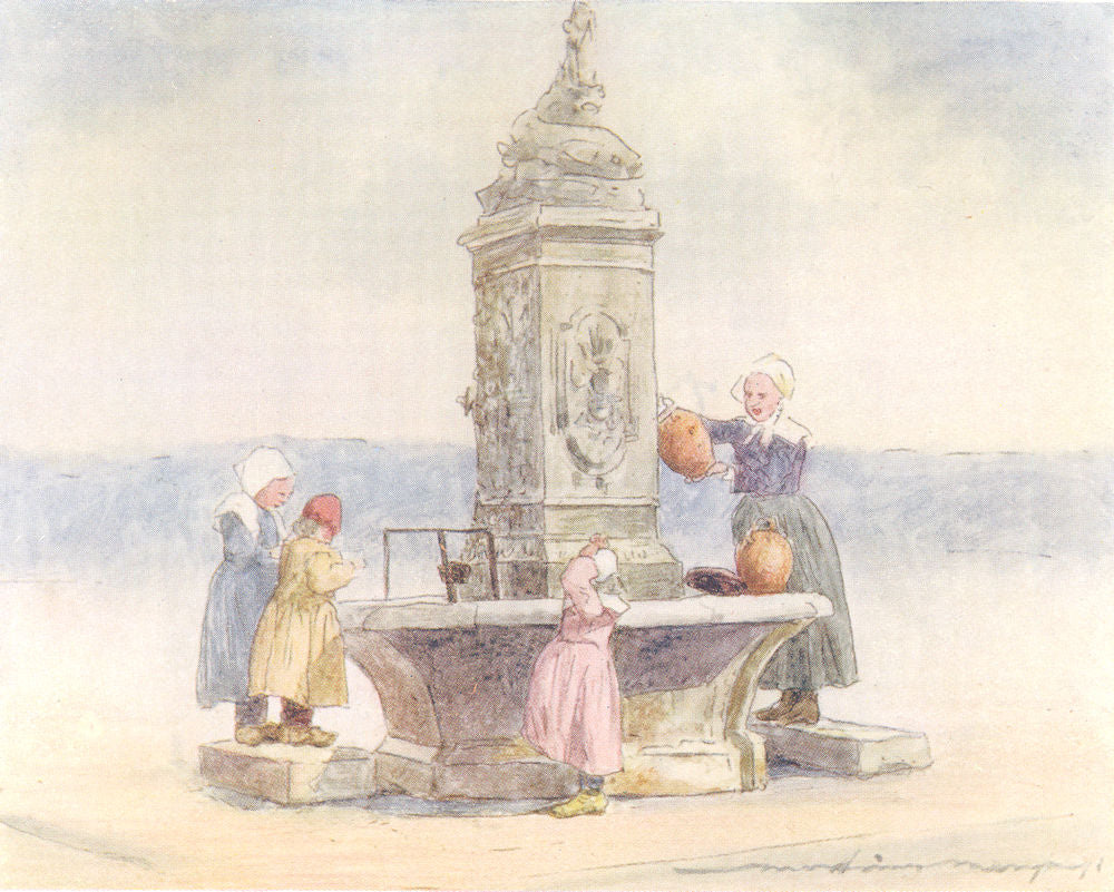 FINISTÈRE BRITTANY BRETAGNE. At the fountain, Concarneau 1905 old print